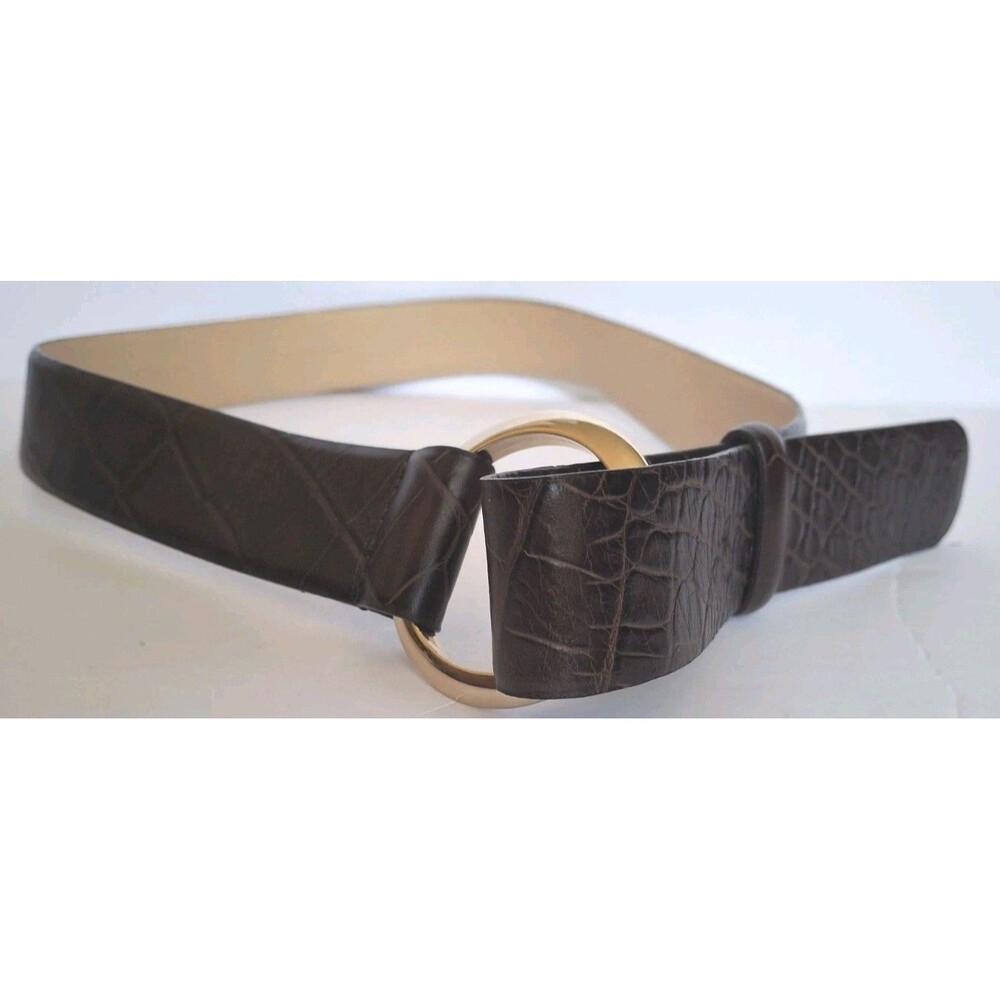 ANNE KLEIN 2 Italian Calfskin Belt Large Brown Gold O Ring Crocodile Waist Belt
